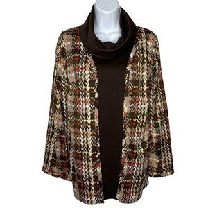 Vintage 70s Peggy Lou Cowl Neck Shirt Top Orange Brown Houndstooth Plaid